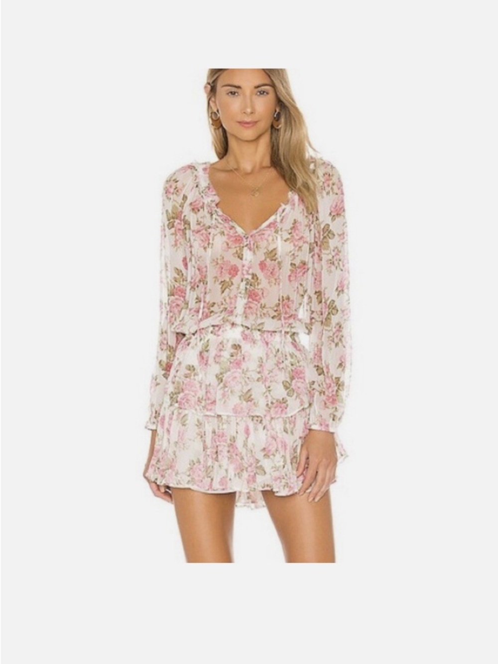 LoveShackFancy Pink Floral Long Sleeve Tiered Mini Dress